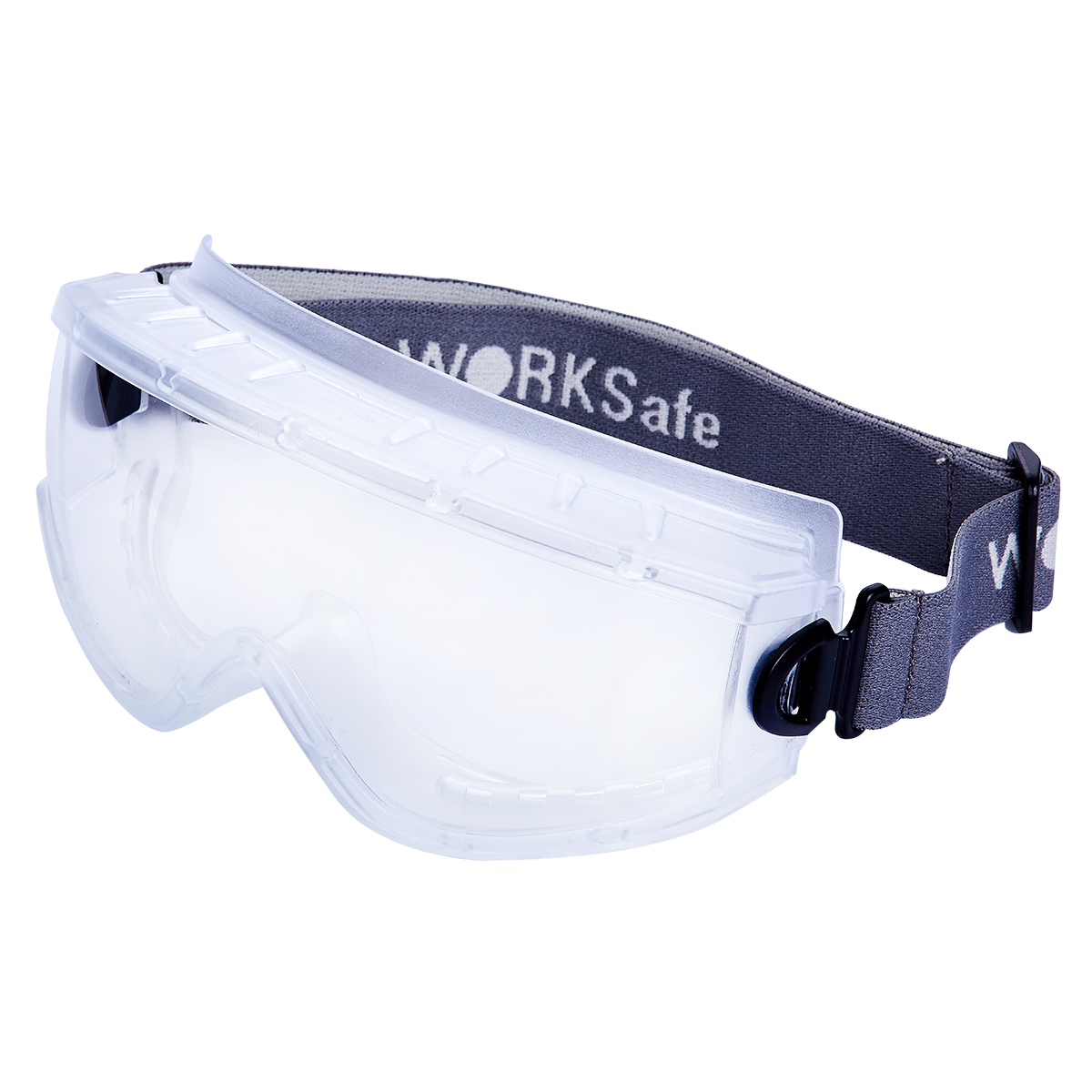 WORKSAFE STRIKE SAFETY GOGGLES FROSTED CLEAR FRAME, CLEAR LENS HC/AF, LIGHT GREY WITH WORKSAFE HEADBAND