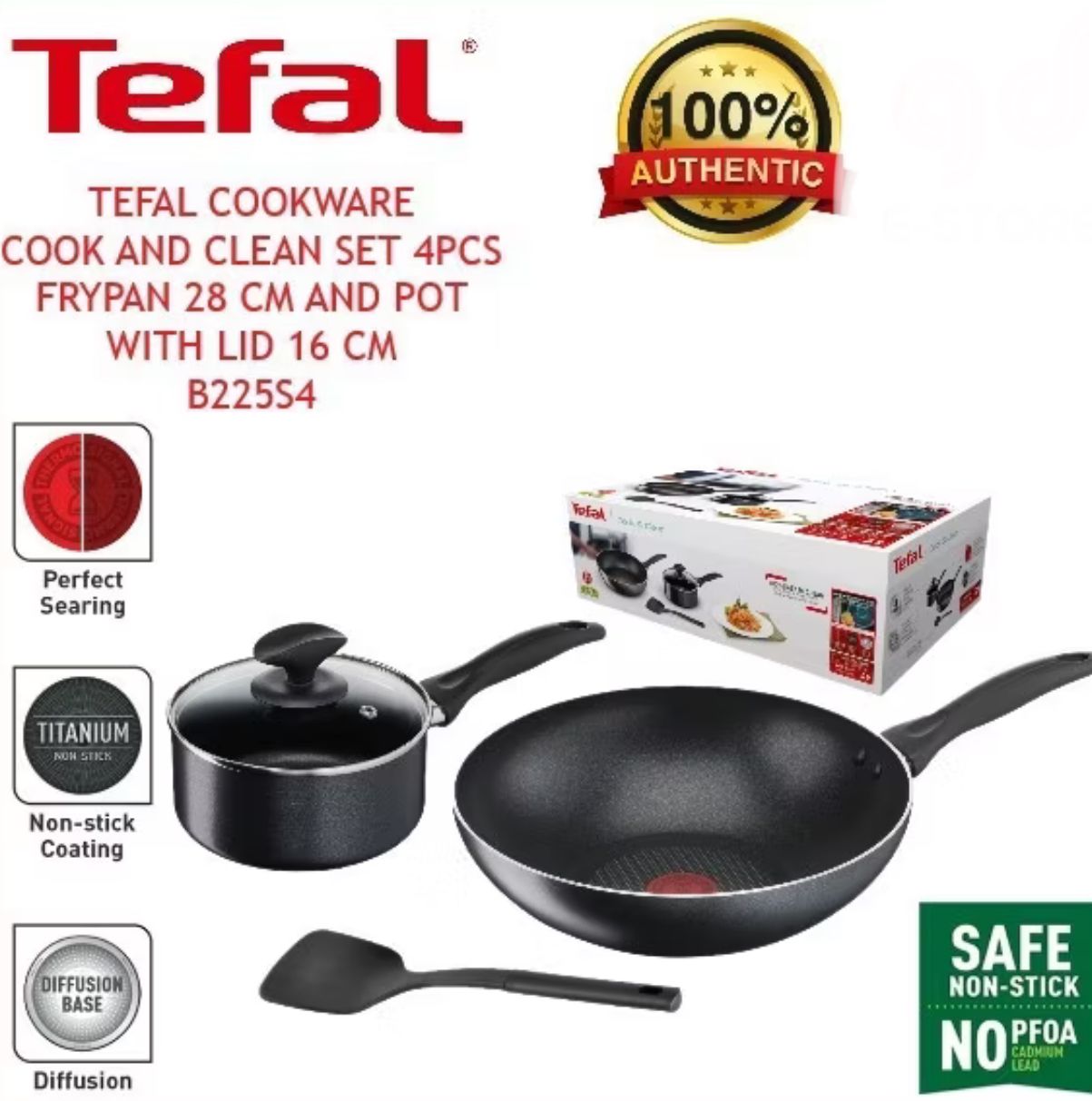 Tefal B225S4 Cook & Clean 4 Pcs Set Non Stick Cookware (B225S405) - Wokpan, Saucepan, Lid, Spatula