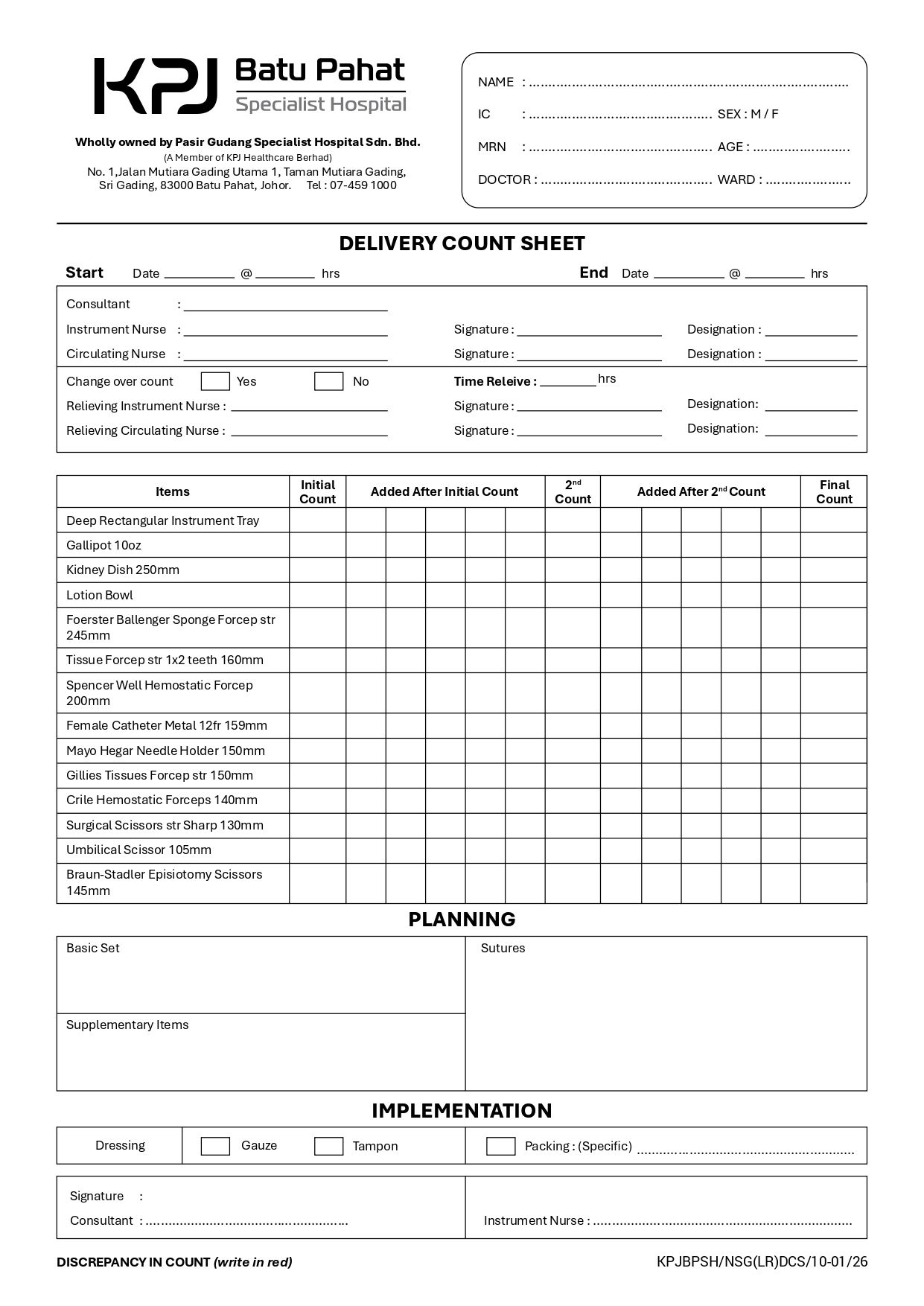 Delivery Count Sheet