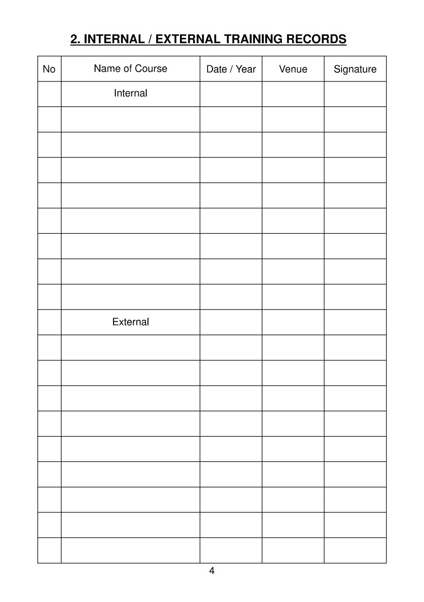 In Service Training Record Book