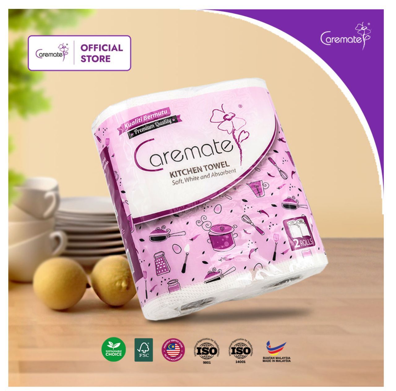 Caremate Kitchen Towel 40's x 2 Rolls / Tisu Dapur Jimat Pantas & Lebih Menyerap