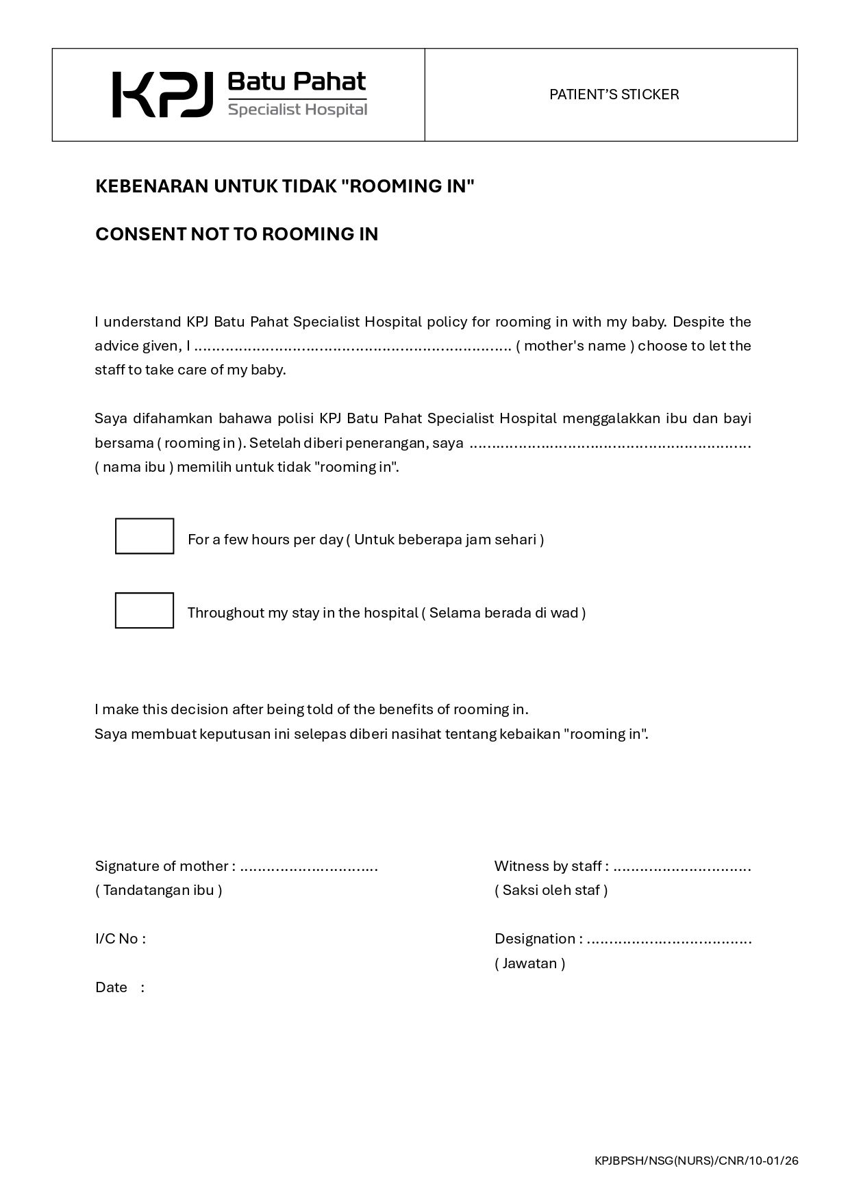 Consent Not To Rooming In