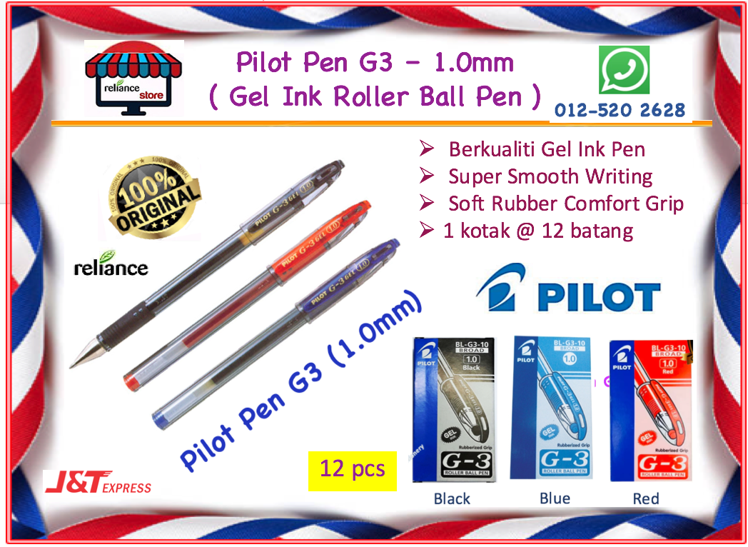 Pilot G3 Gel Pen - 1.0mm / Pilot Pen G3 / Pilot Roller Ball Pen # 100% Original Pen Pilot # Warna Ink - Hitam / Biru / Merah # RP-0072-10 ( KTT : 1 Kotak @ 12 batng )