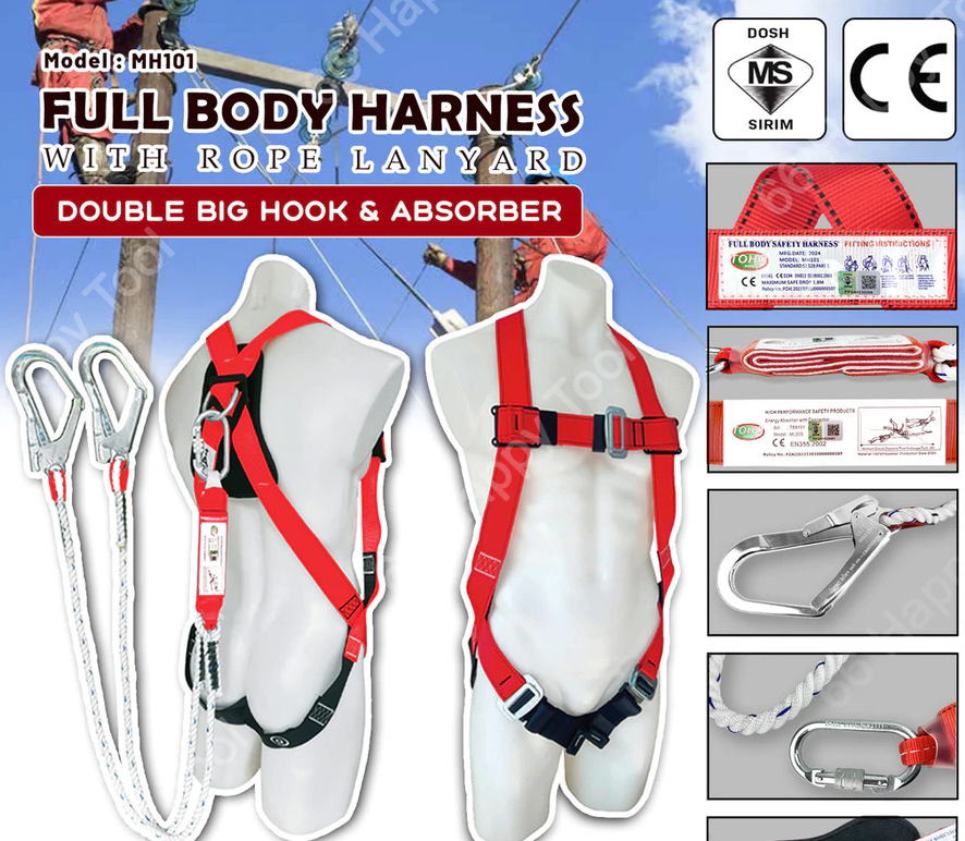 SIRIM DOSH TOHO Full Body Safety Harness Lanyard Rope Double Big Hooks With Energy Absorber Soft Back Pad CE APPROVED