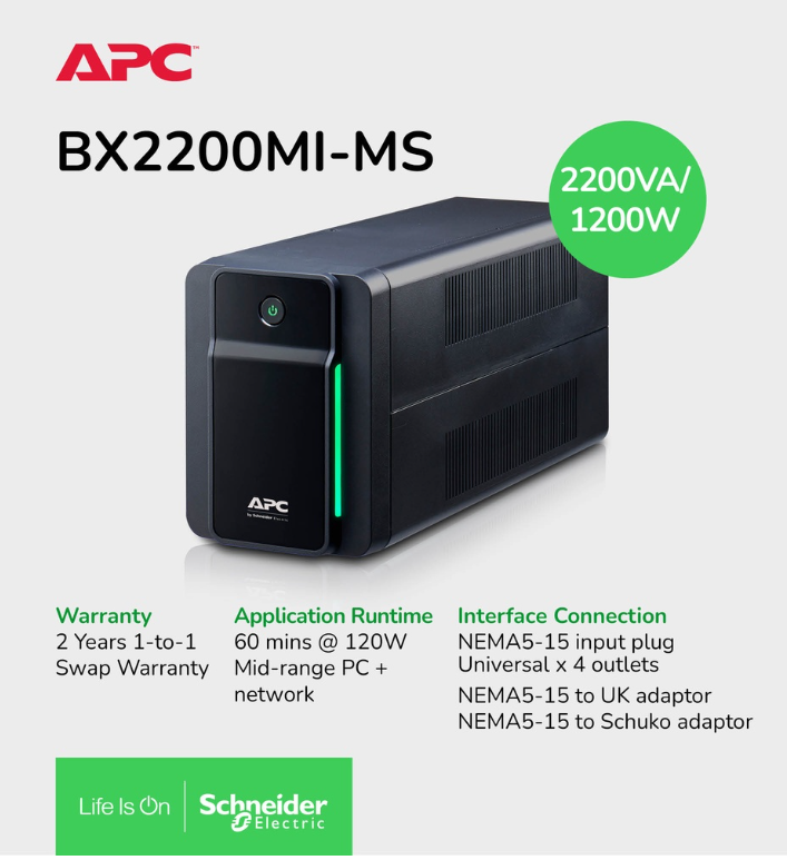 APC BACK-UPS BX2200MI-MS 2200VA,230V,AVR UNIVERSAL SOCKET BATTERY BACKUP