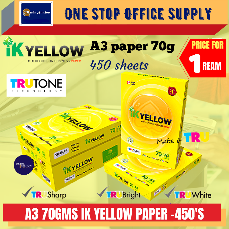 A3 70GMS IK YELLOW PAPER- 500 SHEET / IK YELLOW / A3 PAPER / 70G / 500 SHEETS / WHITE PAPER / PHOTOSTAT PAPER