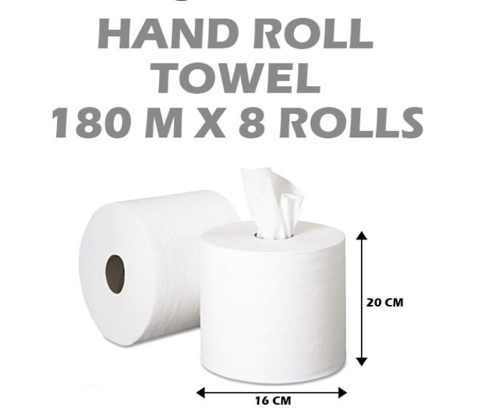 HAND ROLL TOWEL 180M X 8 ROLLS / SIZE: 20cm x 16cm x 1ply