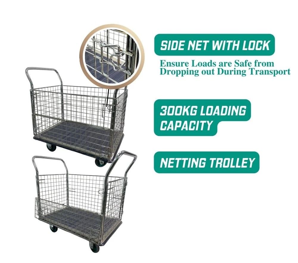 Double Handle With 4 Side Netting (Metal Platform) 300 Kg c/w 5" Caster 920(L) X 620(W) X 930(H) mm PRESTAR MHE Mystar