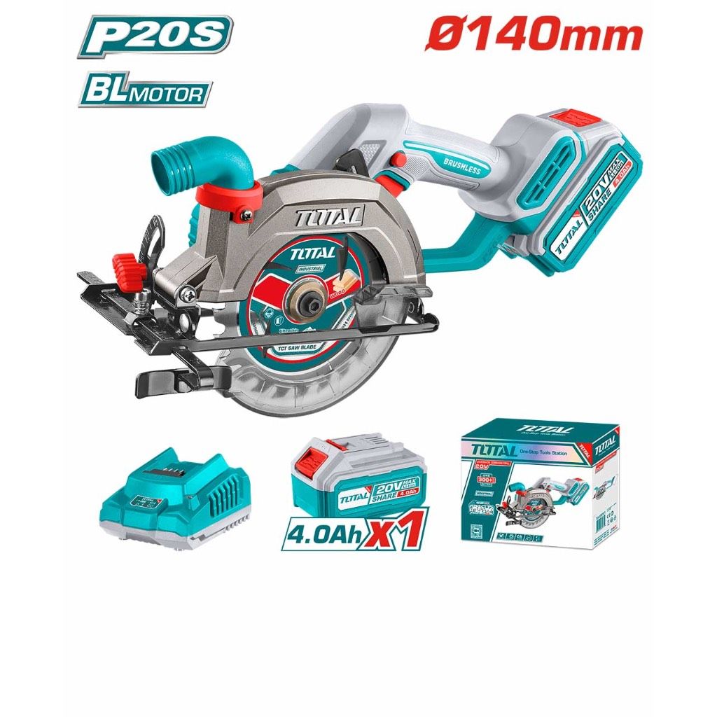 TOTAL LI-ION CIRCULAR SAW (140MM/20V) BRUSHLESS MOTOR + BLADE + 4.0AH BATTERY + CHARGER P20S TSLI14021