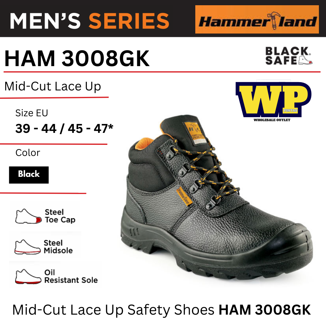 HAMMERLAND (HAMMERLAND FOR BLACK HAMMER) HAMMERLAND MID-CUT LACE UP SAFETY SHOES - HAM 3008GK / BLACK HAMMER / BLACK SAFE / MID-CUT LACE UP / SAFETY SHOES / SAFETY BOOTS / FOOT PROTECT / KASUT KILANG / KASUT KESELAMATAN / HAM 3008GK
