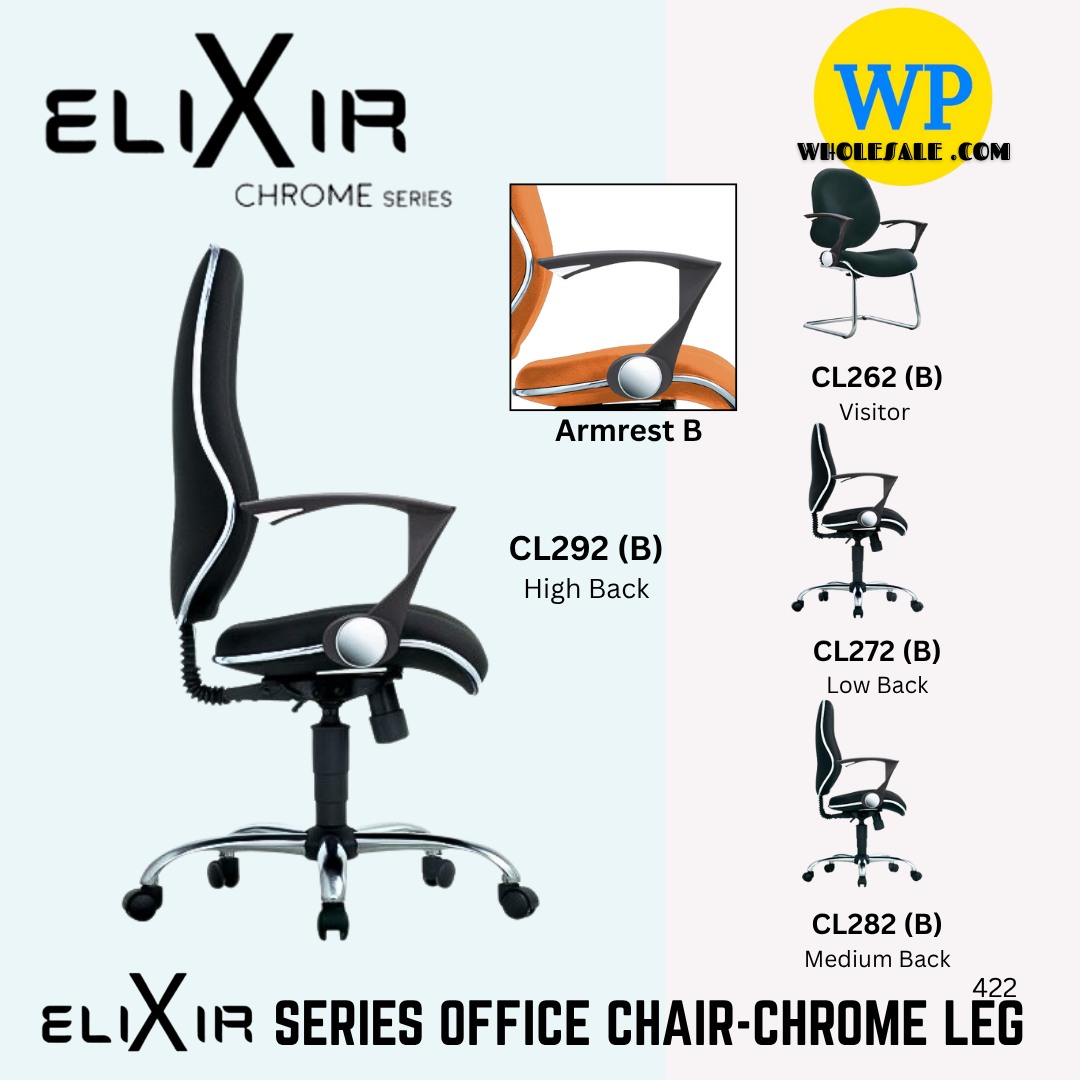 CLASSIC CHAIR ELIXIR ERGONOMIC OFFICE CHAIR (ARMREST B)- ALL SIZE / CHROME SERIES / OFFICE CONFERENCE CHAIR / OFFICE SWIVEL CHAIR / ERGONOMIC CHAIR / EXECUTIVE CHAIR / DIRECTOR CHAIR / OFFICE CHAIR / CHAIR / CHROME BASE / FABRIC / PU LEATHER / ELIXIR
