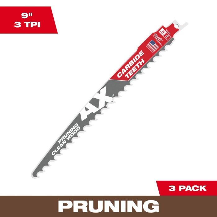 Milwaukee 9” (230mm) 3 TPI AX™ Pruning SAWZALL™ Blade w/ Carbide Teeth (3pcs) 48-00-5332