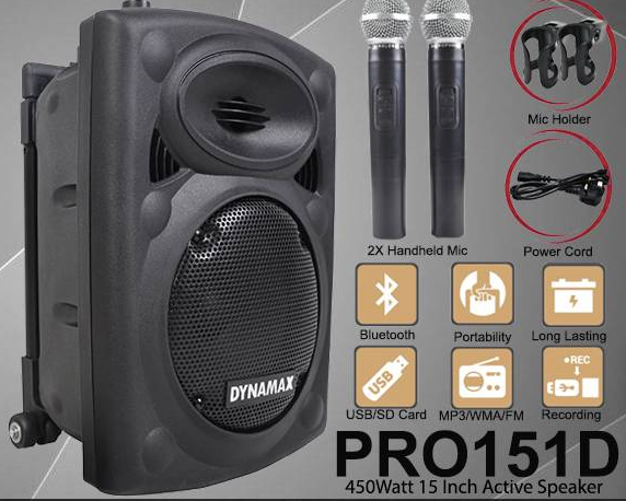 Dynamax PRO151D 450 Watt 15 Inch Active Bluetooth Speaker System with 2 Wireless Handheld Microphone