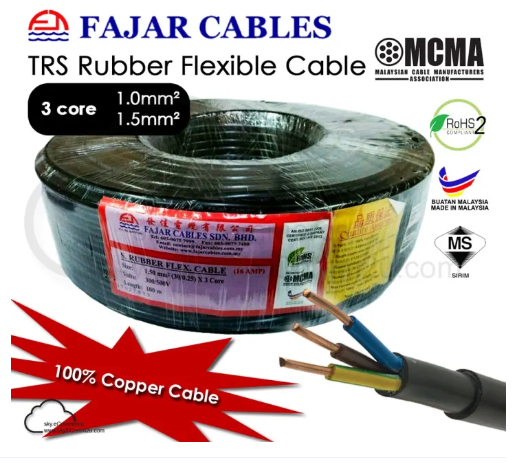FAJAR 3 CORE 1.0 -1.5 MM TRS RUBBER FLEXIBLE CABLE PER METER 100% PURE COPPER