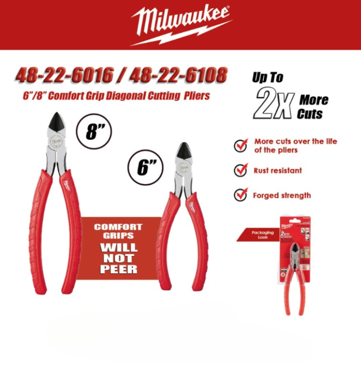 MILWAUKEE 6'' 8'' COMFORT GRIP DIAGONAL CUTTING PLIERS (48-22-6106/48-22-6108)