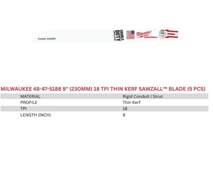 Milwaukee 9" (230mm) 18 TPI Thin Kerf SAWZALL™ Blade (5pcs) 48-47-5188
