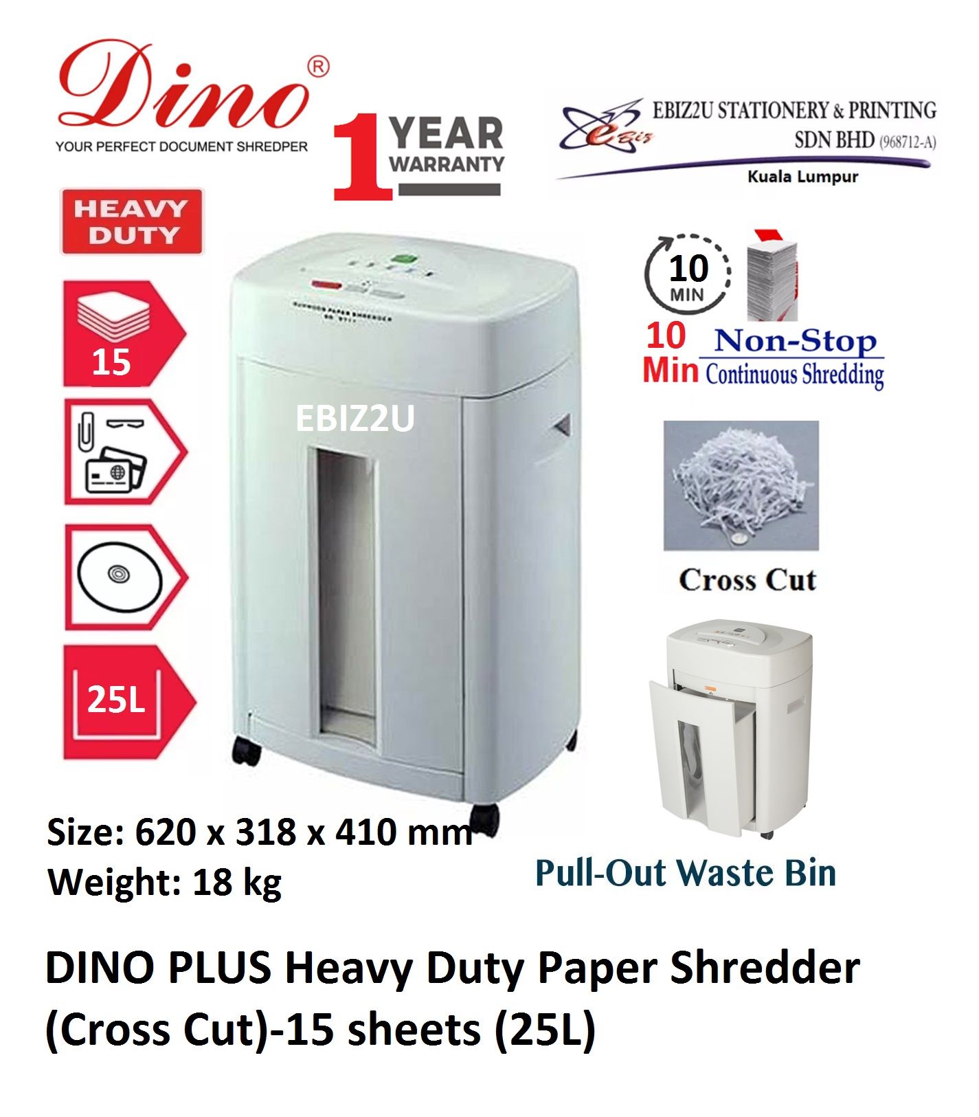 DINO PLUS Paper Shredder (Cross Cut)-15 sheets (25L) Stationery, Office Automation, office supply store near me, office supplies near me,stationery shop, office supply, stationery supply