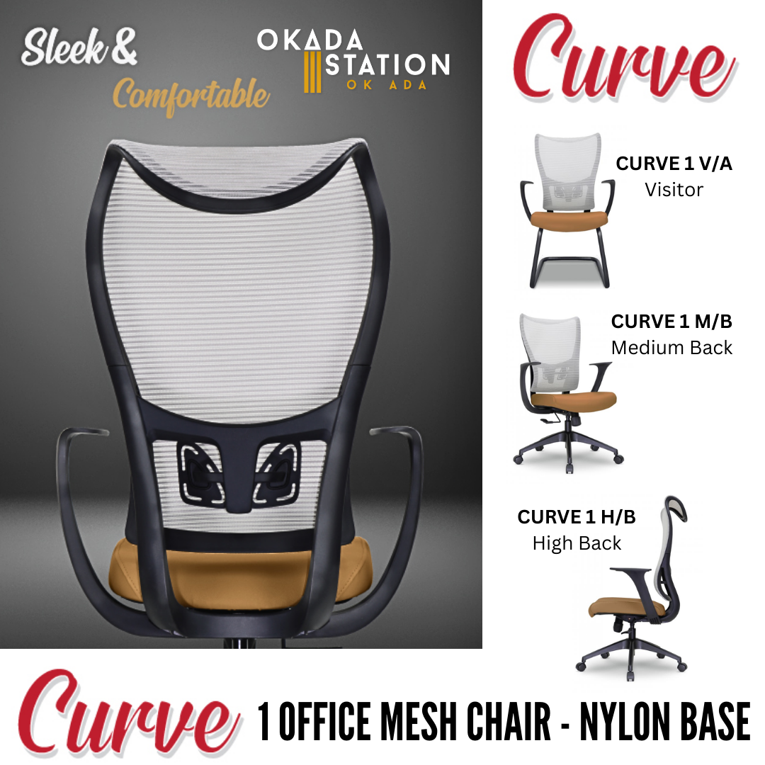 CURVE 1 ERGONOMIC OFFICE CHAIR - ALL SIZE / MESH SERIES / OFFICE CONFERENCE CHAIR / OFFICE SWIVEL CHAIR / EXECUTIVE CHAIR / DIRECTOR CHAIR / OFFICE CHAIR / NYLON BASE / FABRIC / PU LEATHER / CURVE 1