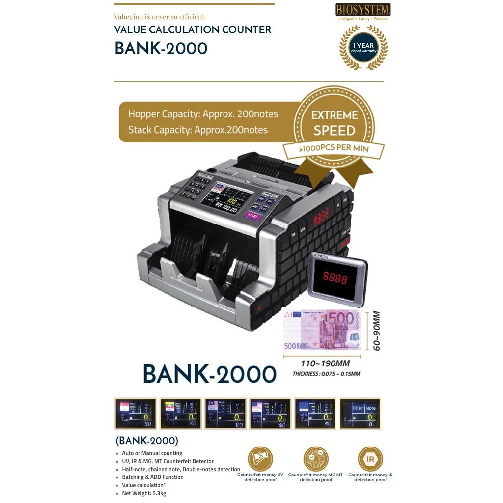 Biosystem Bank-2000 Heavy Duty Note Counting Machine (note counter machine, Banknote Counter, Bill Counter, Money Counting Machine, Money Notes Counter, Money counter Machine, Cash Machine)