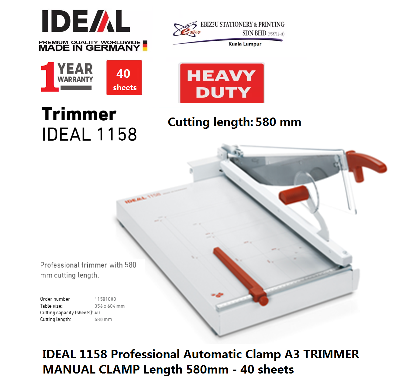 IDEAL 1158 Professional Automatic Clamp A3 TRIMMER MANUAL CLAMP Length 580mm - 40 sheets (Pemotong Kertas, Paper Cutter, Paper Cutter, Paper Trimmer, Heavy Duty Cutter, A4 paper cutter, A3 paper cutter)