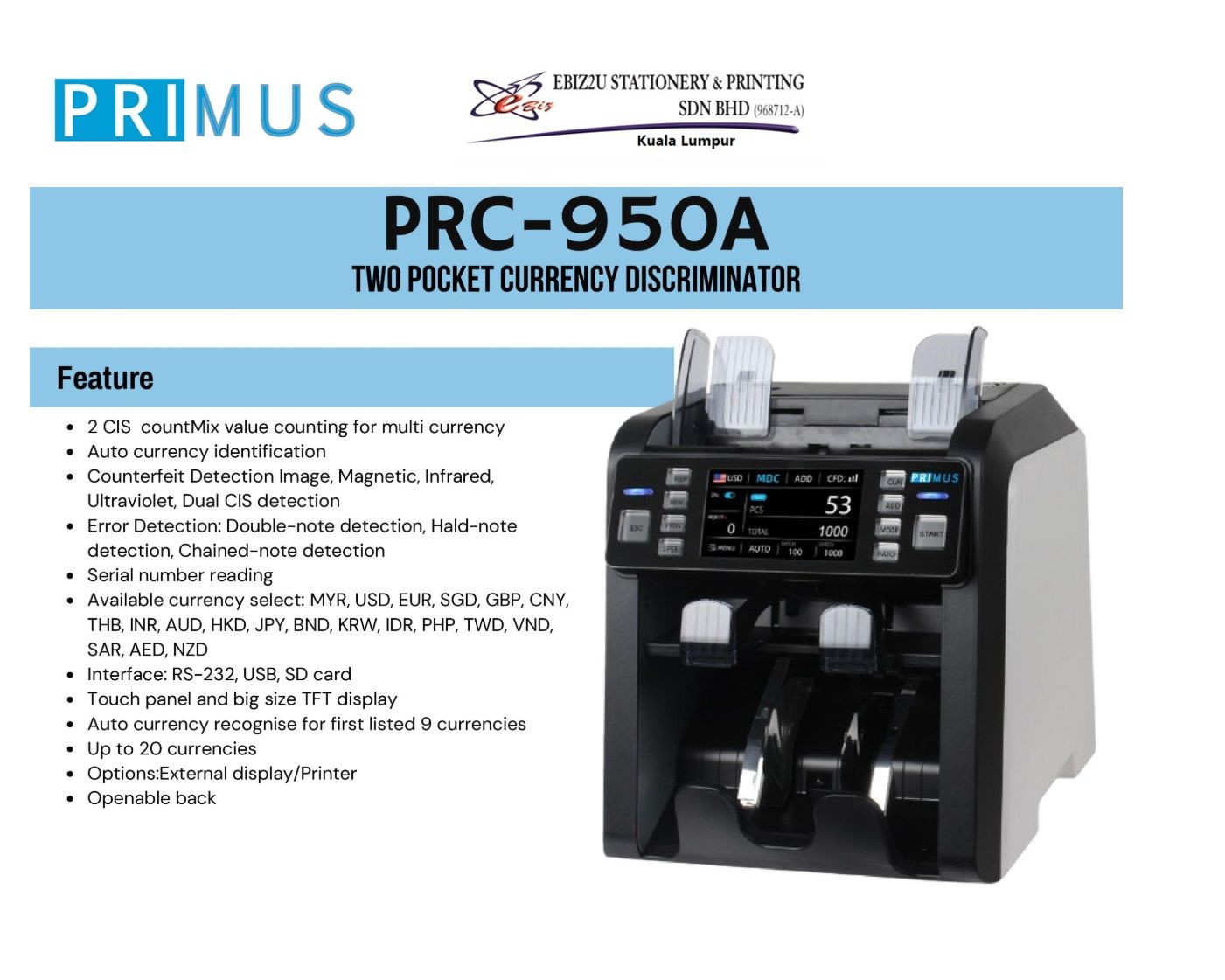 PRIMUS PRC-950A Two Pocket Currency Discriminator & Banknote Counter (2 Pocket, Top Loading & Value Count)