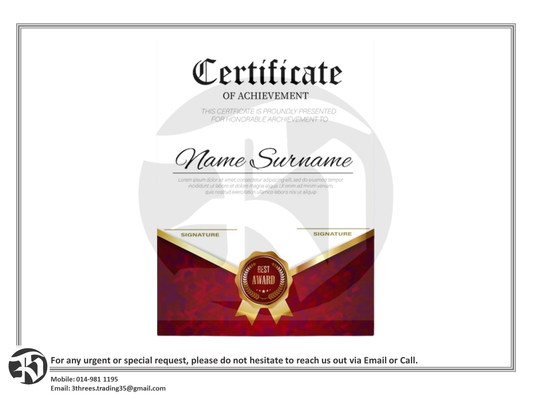Custom A4 Certificate Printing