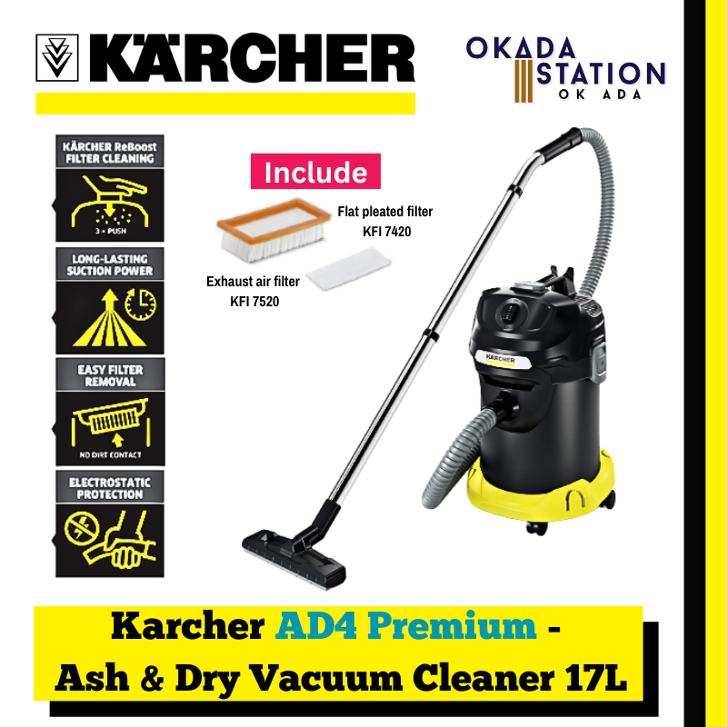 Karcher AD4 Premium - Ash & Dry Vacuum Cleaner 17L / Corded Vacuum Cleaner / Vacuum Cleaner / Vacuum / Ash & Dry Cleaning / Cleaning Tool / 17L Container Capacity