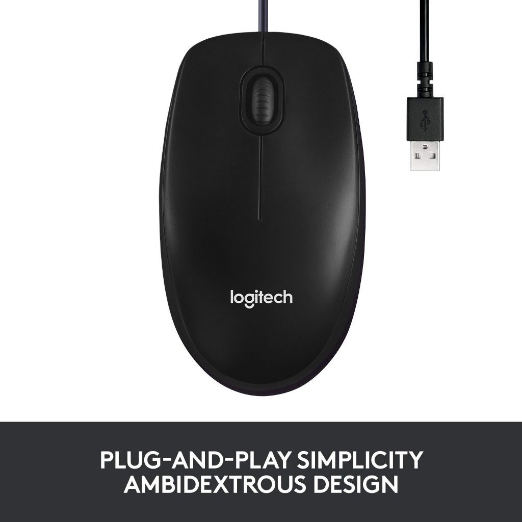 Logitech M100r Wired USB Optical Corded Mouse | Advanced Comfort | Durable | Office Work Mouse - Black (910-006765)
