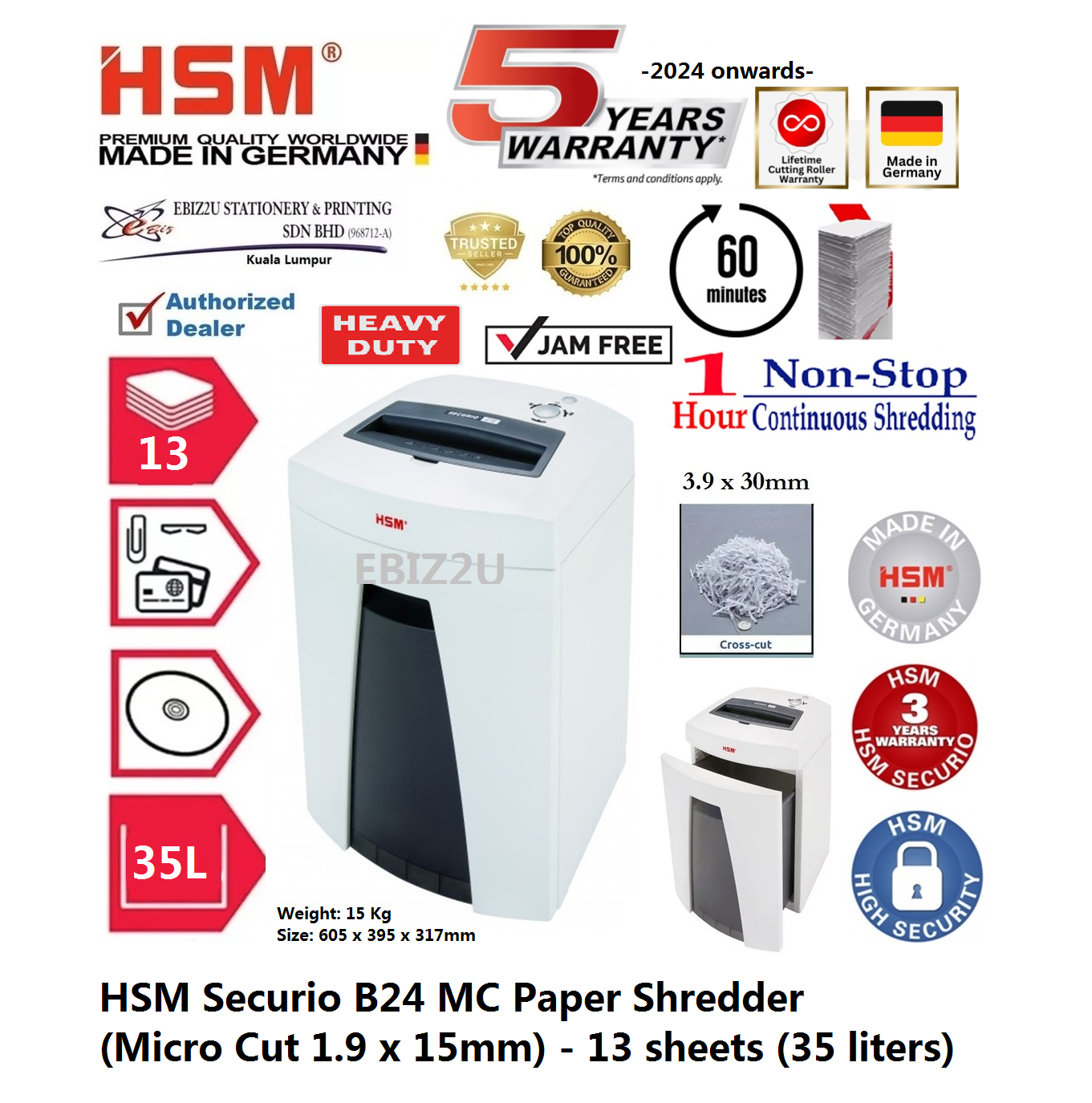 HSM Securio B24 MC Paper Shredder (Micro Cut 1.9x15mm)- 13 sheets (33 liters) ( B24MC, B24CC, Micro Cut, Paper Shredder, Shredder Machine, Office Shredder, Heavy Duty Shredder, Mesin Penghancur Kertas)