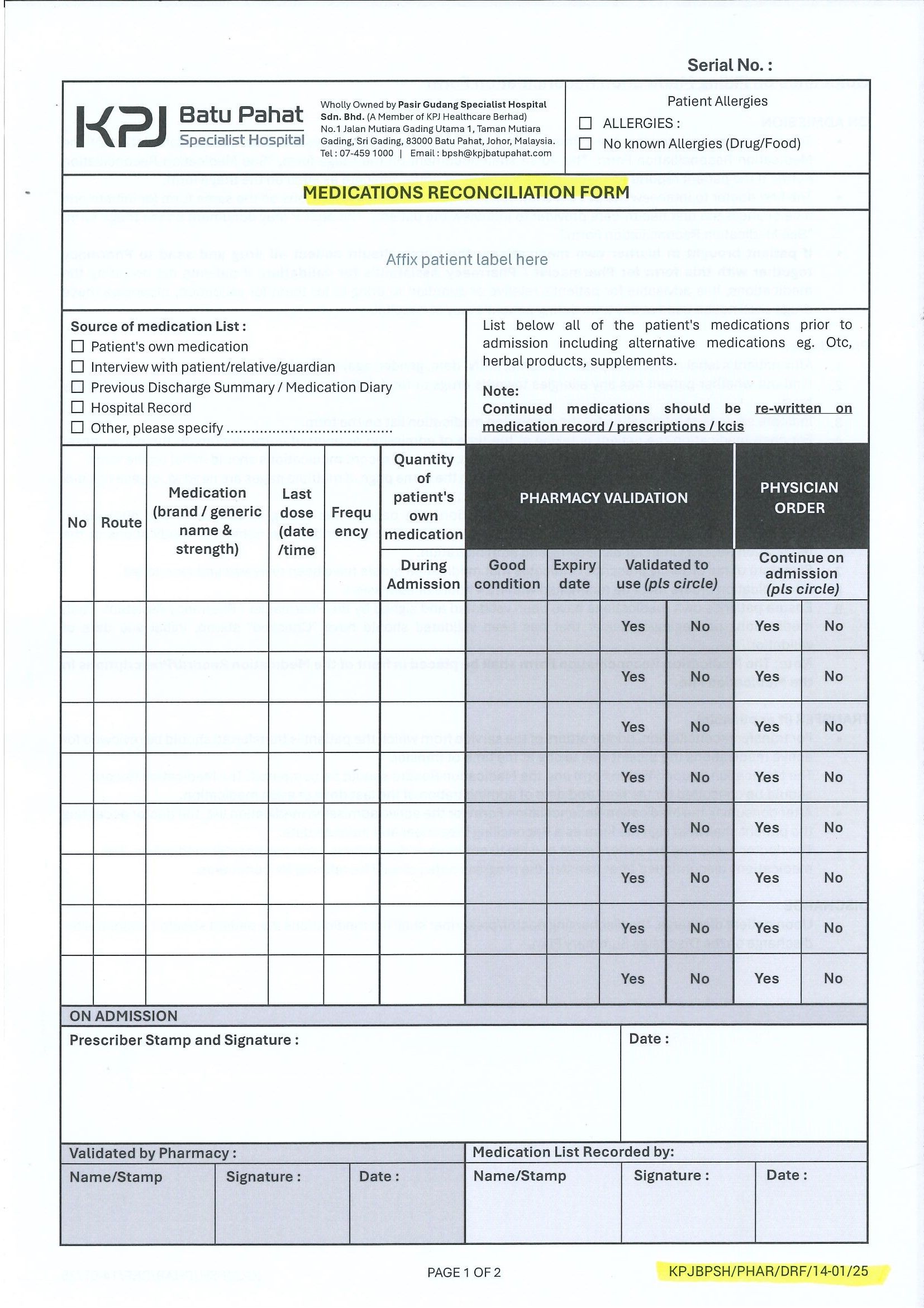 Medications Reconcilition Form