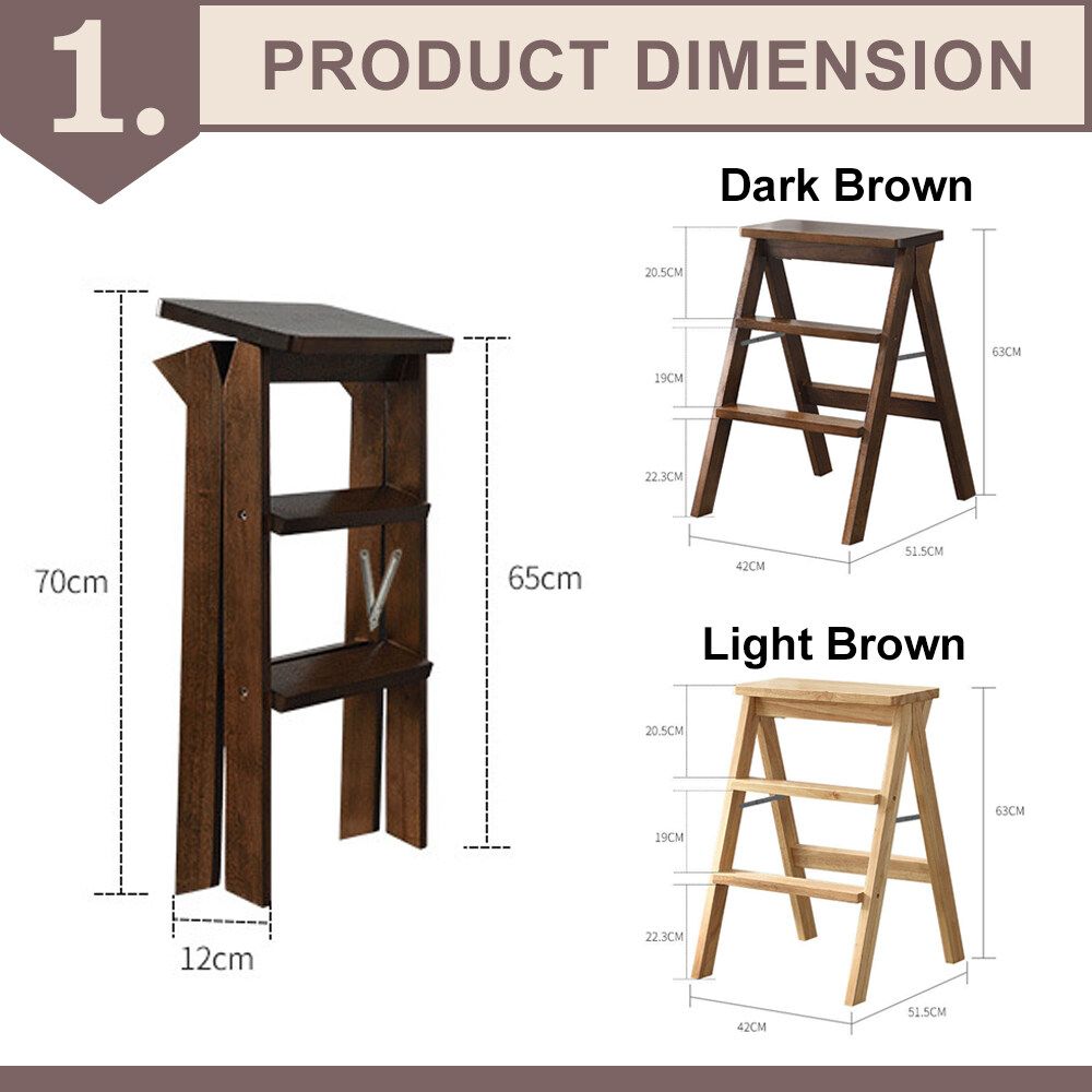 Foldable 3 Steps Ladder Stool With Long And Widen Pedal (WOOD)