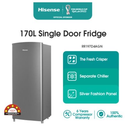 [Hisense Malaysia Warranty] Hisense Single Door 170L RR197 Fridge 1 door Refrigerator RR197D4AGN