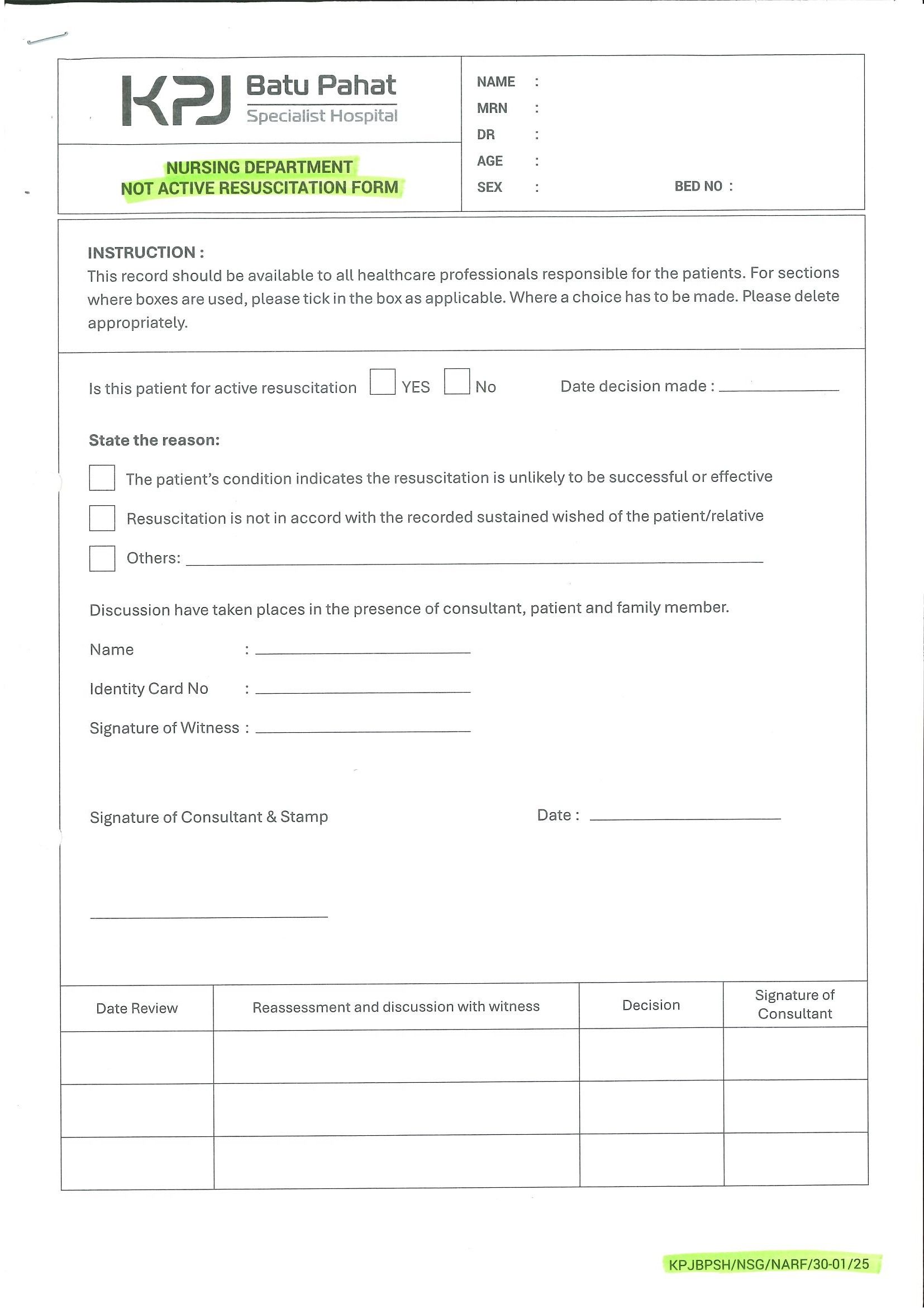 Nursing Department Not Active Resuscitation Form