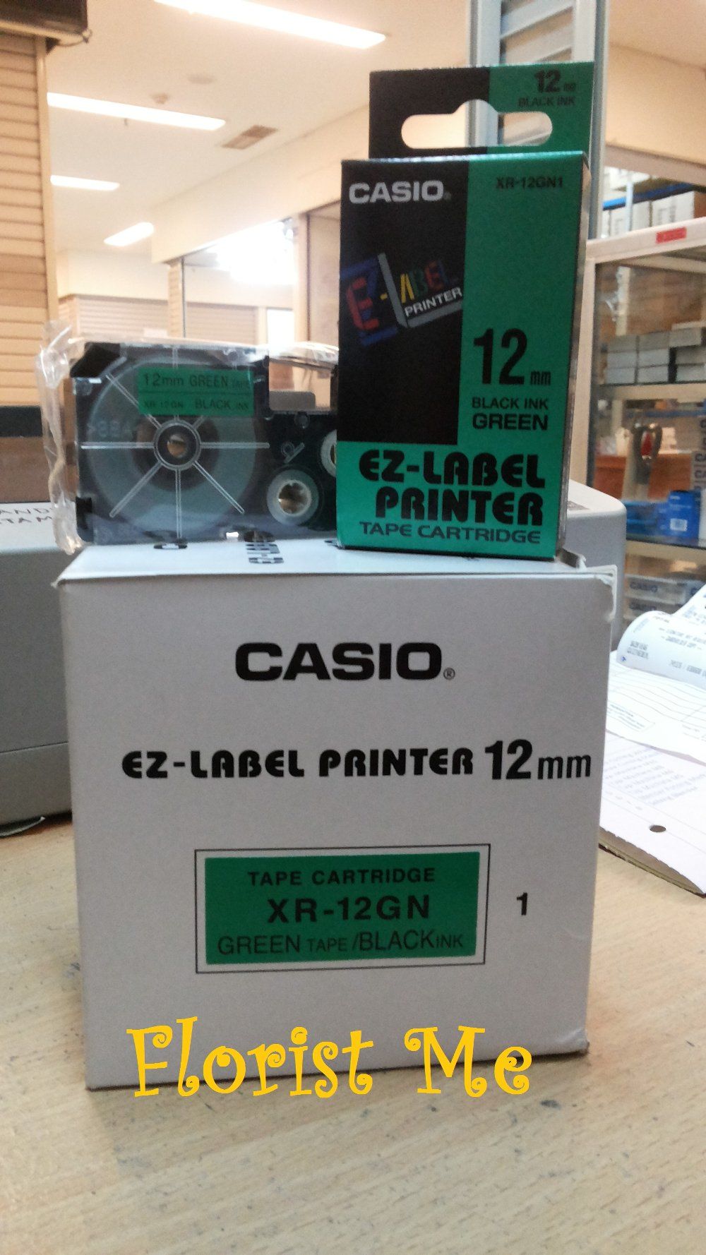 Casio EZ-Label Printer Tape Cartridge Black On Green XR-12GN 12mm