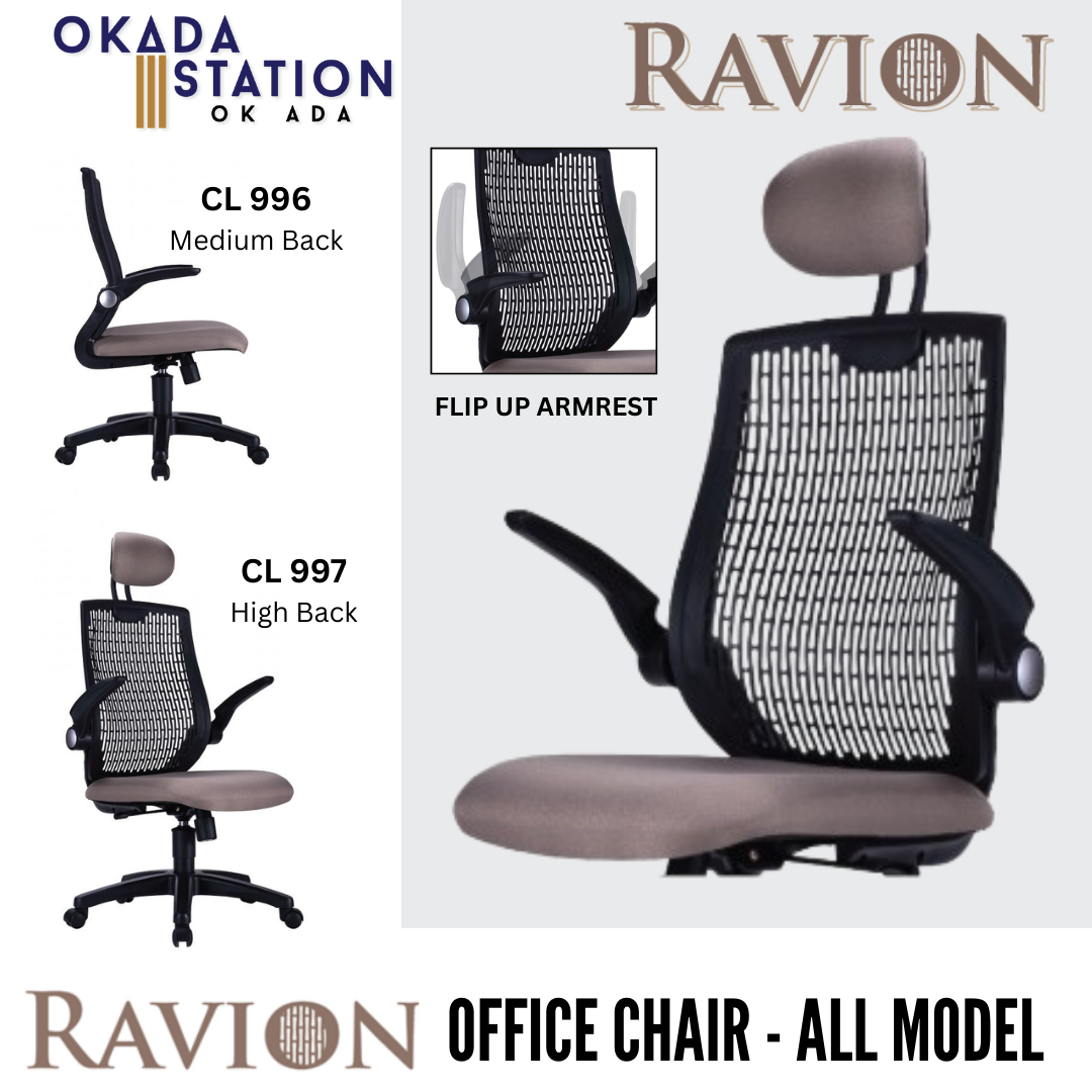 RAVION ERGONOMIC OFFICE CHAIR - ALL SIZE / SECRETARIAL SERIES / OFFICE CONFERENCE CHAIR / OFFICE SWIVEL CHAIR / TASK CHAIR / DIRECTOR CHAIR / OFFICE CHAIR / FIXED ARMREST / PP BASE / FABRIC / PU LEATHER / RAVION