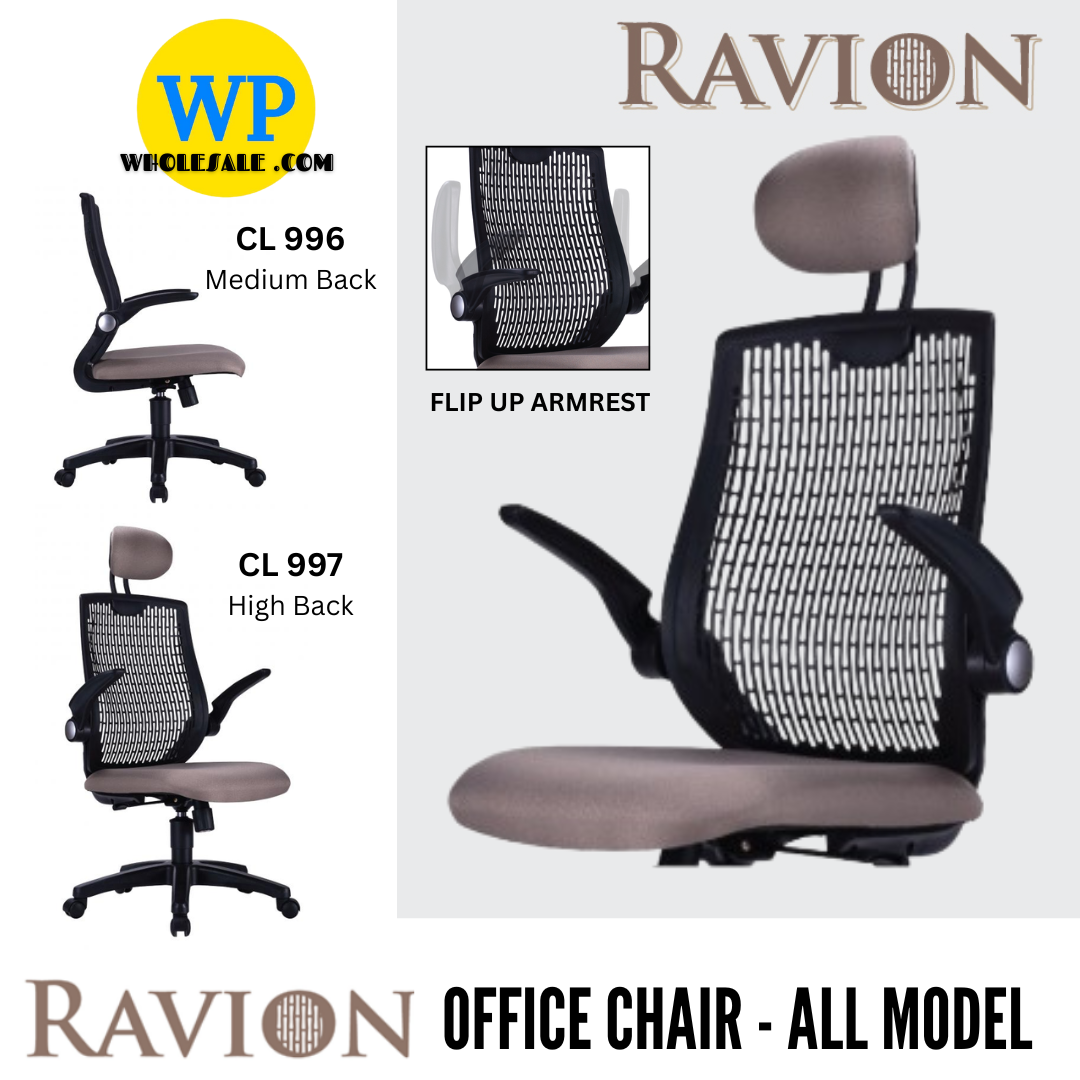 CLASSIC CHAIR RAVION ERGONOMIC OFFICE CHAIR - ALL SIZE / SECRETARIAL SERIES / OFFICE CONFERENCE CHAIR / OFFICE SWIVEL CHAIR / TASK CHAIR / DIRECTOR CHAIR / OFFICE CHAIR / FIXED ARMREST / PP BASE / FABRIC / PU LEATHER / RAVION