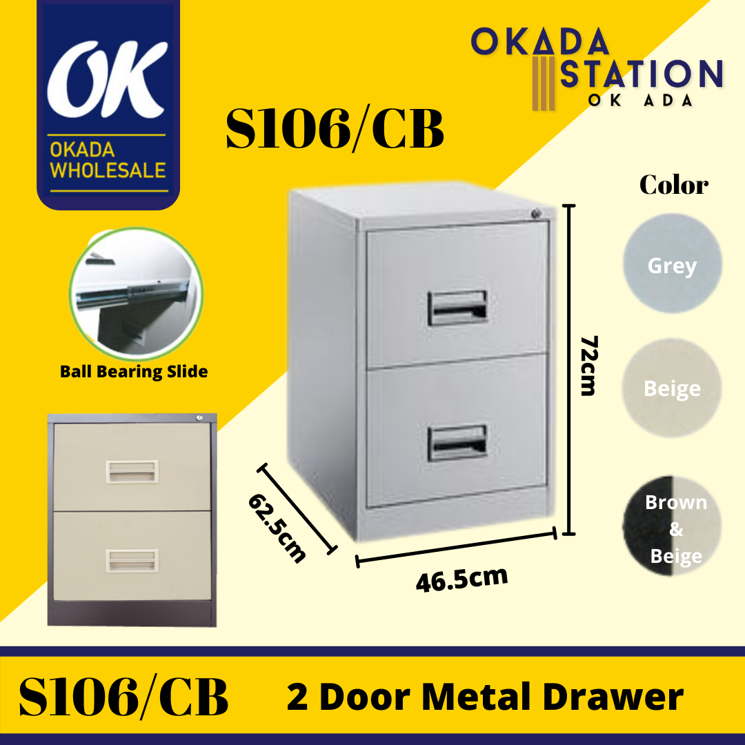OKADA S106/CB 2 Drawer Filing Cabinet (With Recess Handle & Ball Bearing Slide) / Filing Cabinet / S106/CB / Almari Besi / Steel Drawer Cabinet / 2 Layer Metal Drawer / 2 Drawer Filing Cabinet / Metal Cabinet / Cabinet / 2 Drawer