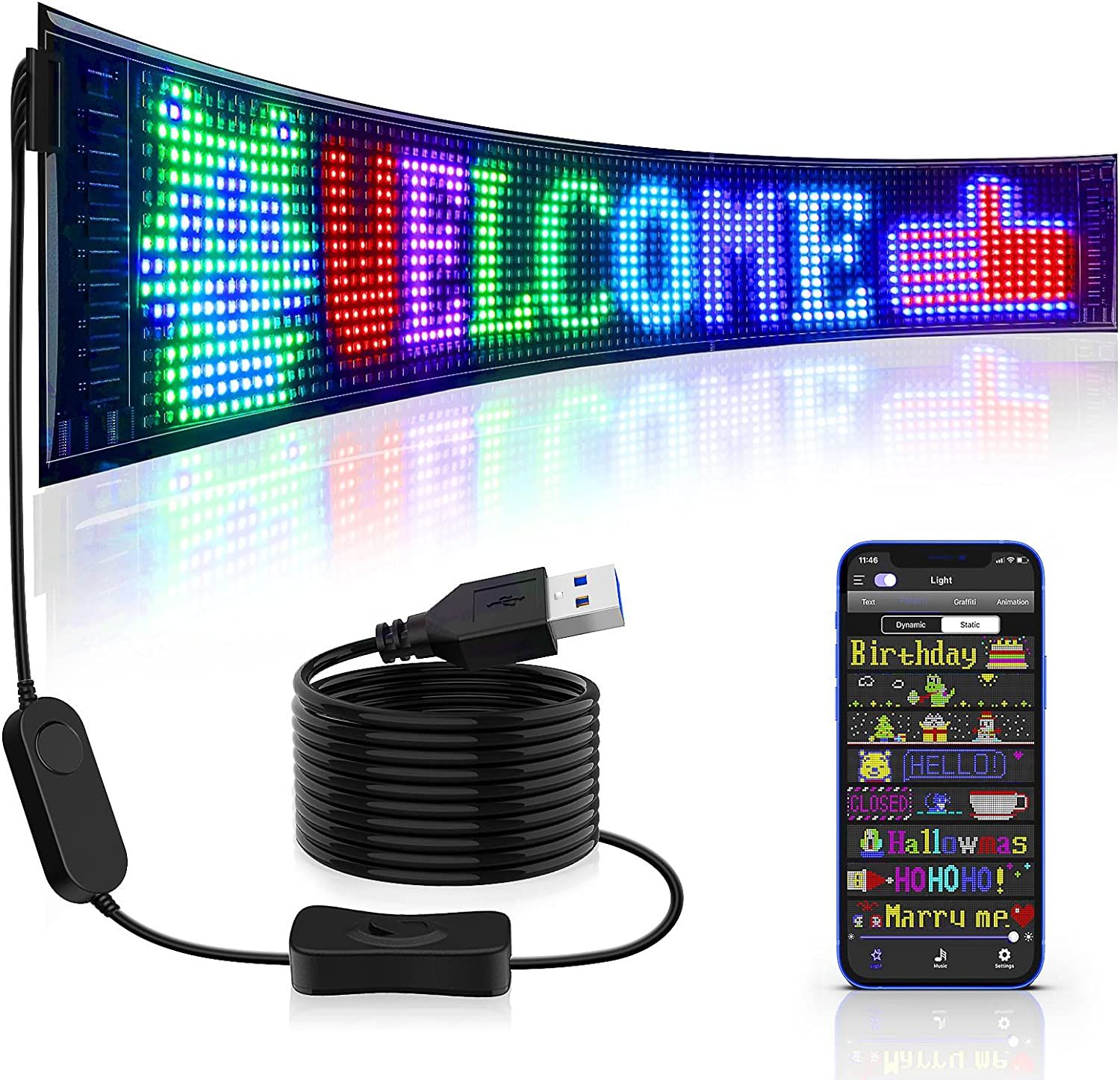 LED Matrix Pixel Panel Bluetooth APP USB 5V Flexible Addressable RGB Pattern Graffiti Scrolling Text Animation Display Car Shop (16x64 LEDs 9x37 CM)