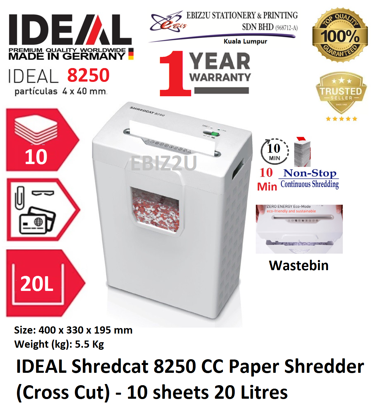 IDEAL Shredcat 8250 CC Paper Shredder (Cross Cut) - 10 sheets 20 Litres (Cross Cut, Paper Shredder, Shredder Machine, Office Shredder, Heavy Duty Shredder, Mesin Penghancur Kertas) 8250C, 8250CC