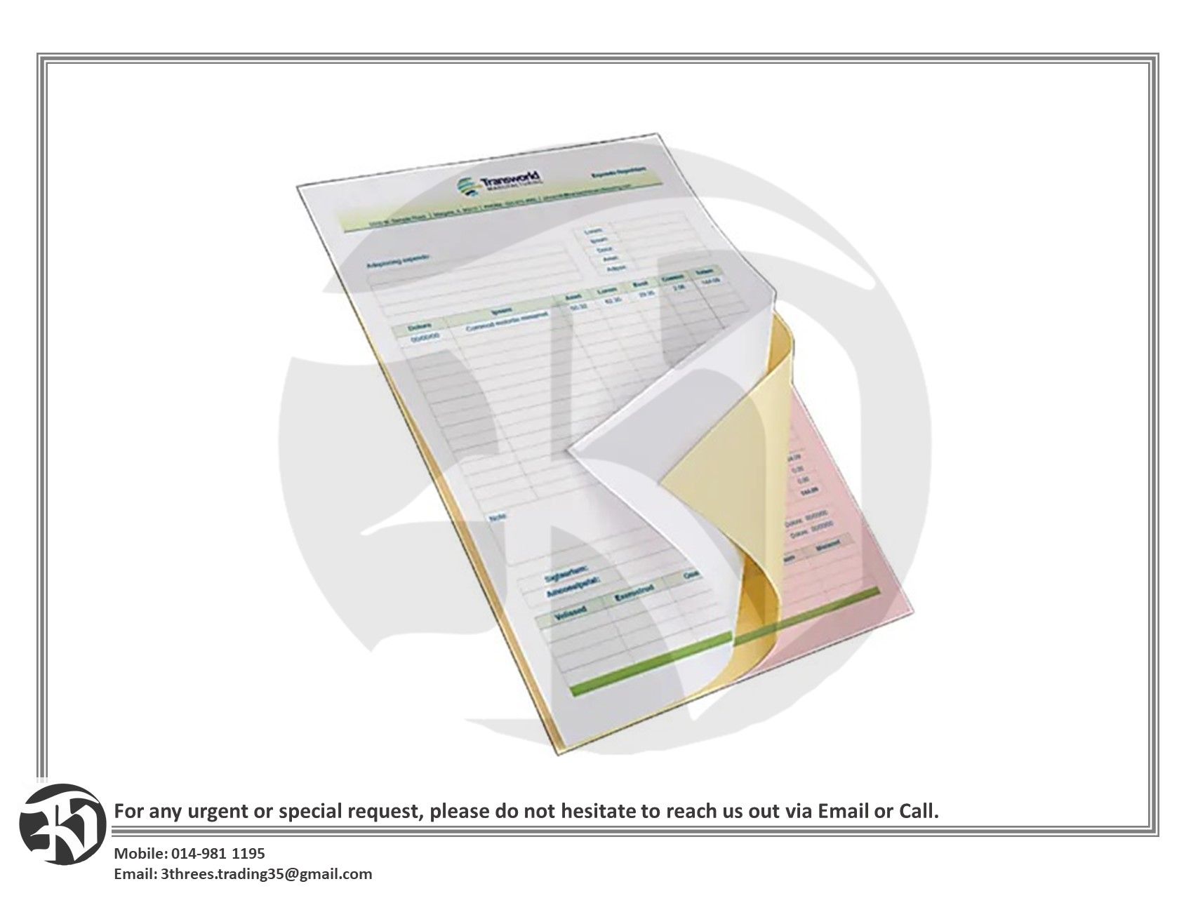 Customized Carbonless Form A4 Size (3 Layer)