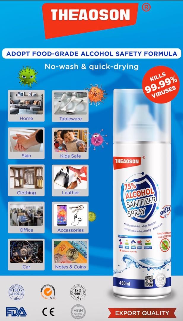 THEAOSON SPRAY HAND SANITIZERS 450ML | ANTI VIRUS SPRAY | COMBAT VIRUS | 75% ALCOHOL
