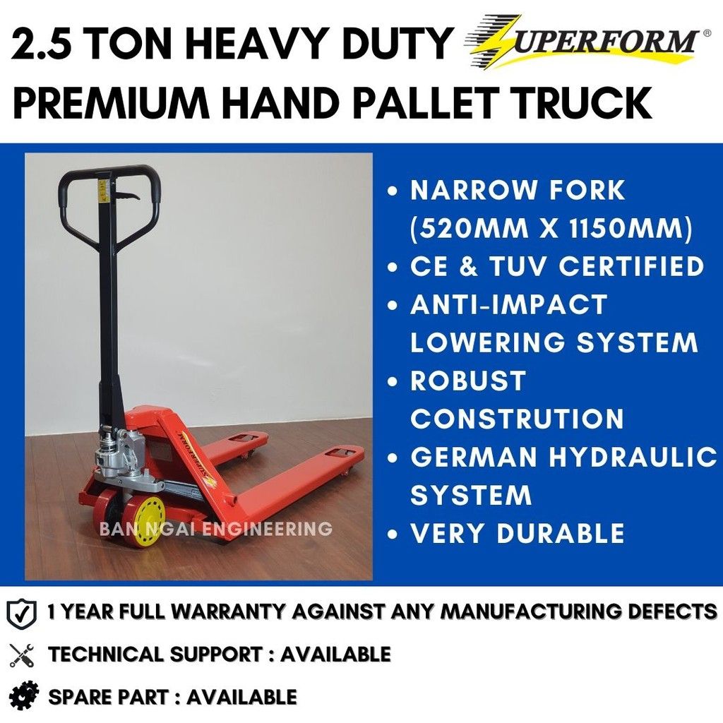 SUPERFORM 2.5 TON HAND PALLET TRUCK NARROW FORK (520MM X 1150MM) MANUAL PALLET JACK HAND JACK | 1 YEAR FULL WARRANTY