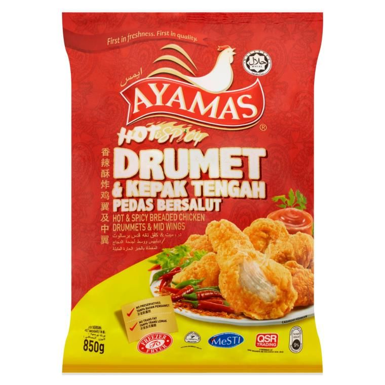 Ayamas Breaded Chicken Drummets & Mid Wings Hot & Spicy 850g