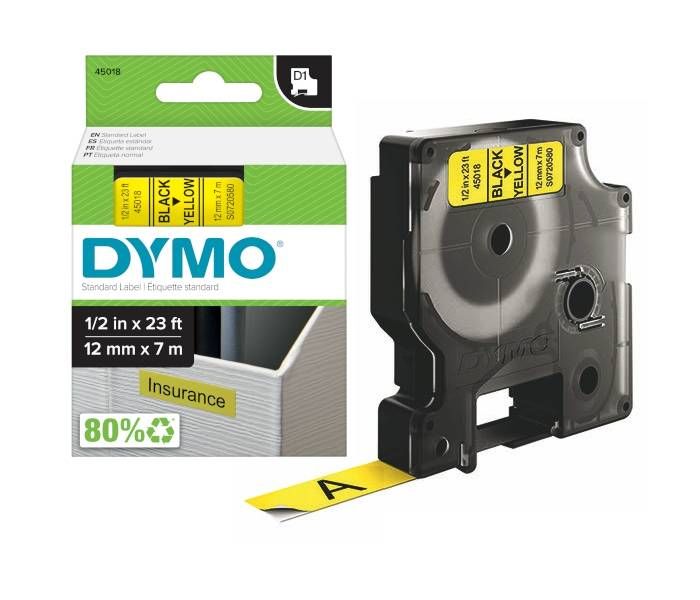DYMO D1 LABEL TAPES 45018 S0720580 12MM X 7M BLACK ON YELLOW LABELS RIBBONS (ORIGINAL)