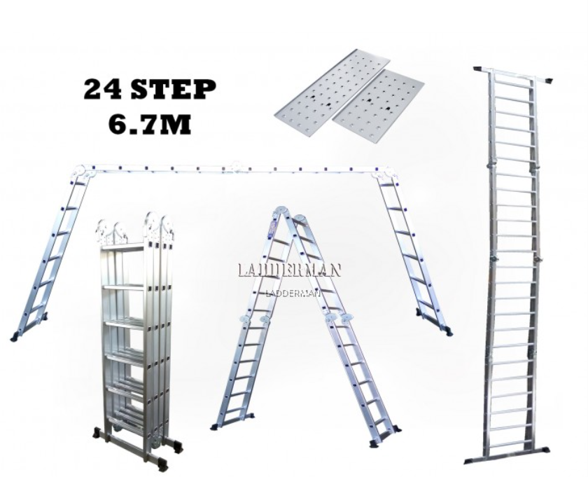 M67MLWP 24 STEP MULTIPURPOSE ALUMINIUM LADDER WITH WALKING PLATFORM 6.7M