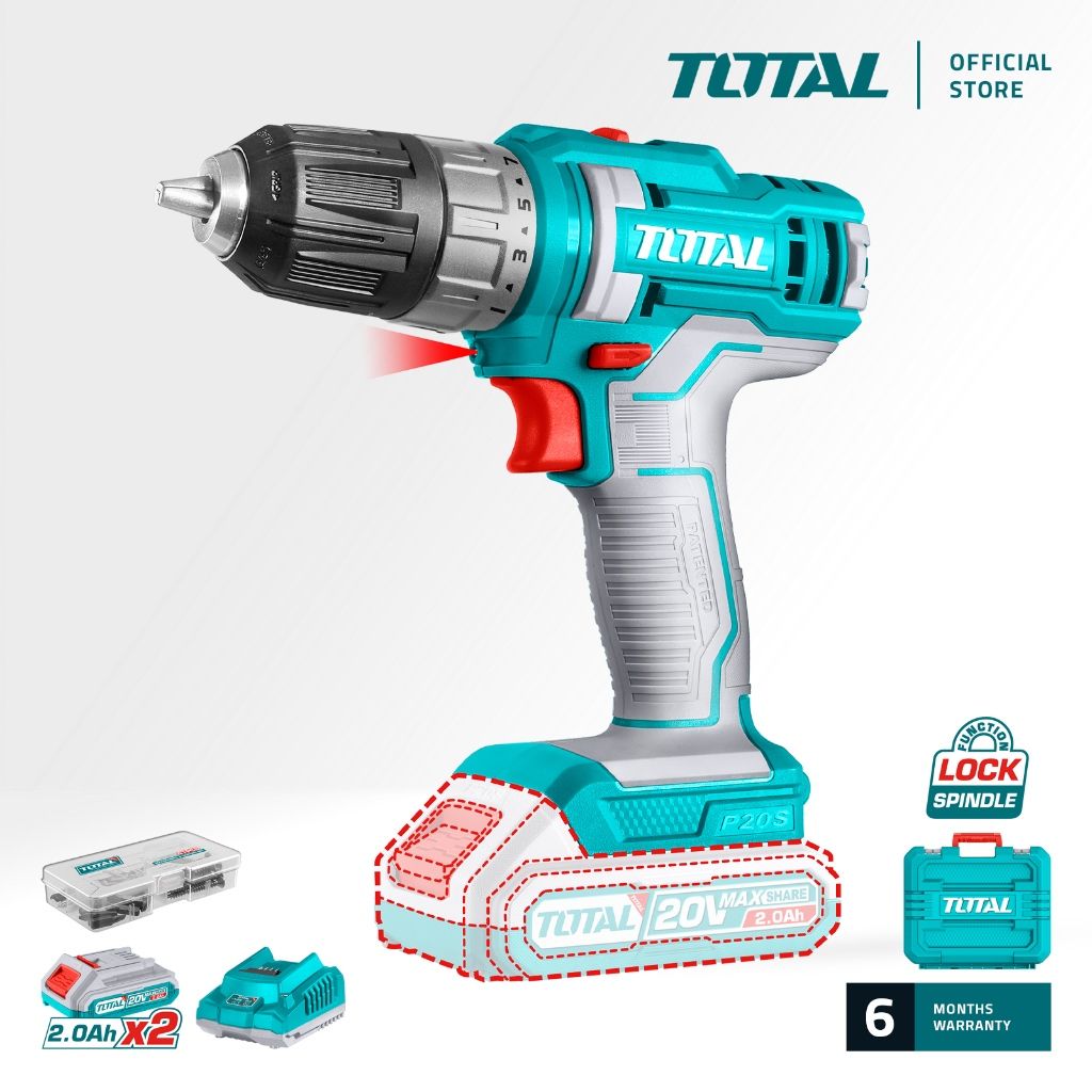 TOTAL LI-ION CORDLESS DRILL (45NM/10MM/20V) SPINDLE LOCK + BATTERY + CHARGER + ACCESSORIES (47 PCS) P20S TDLI200528
