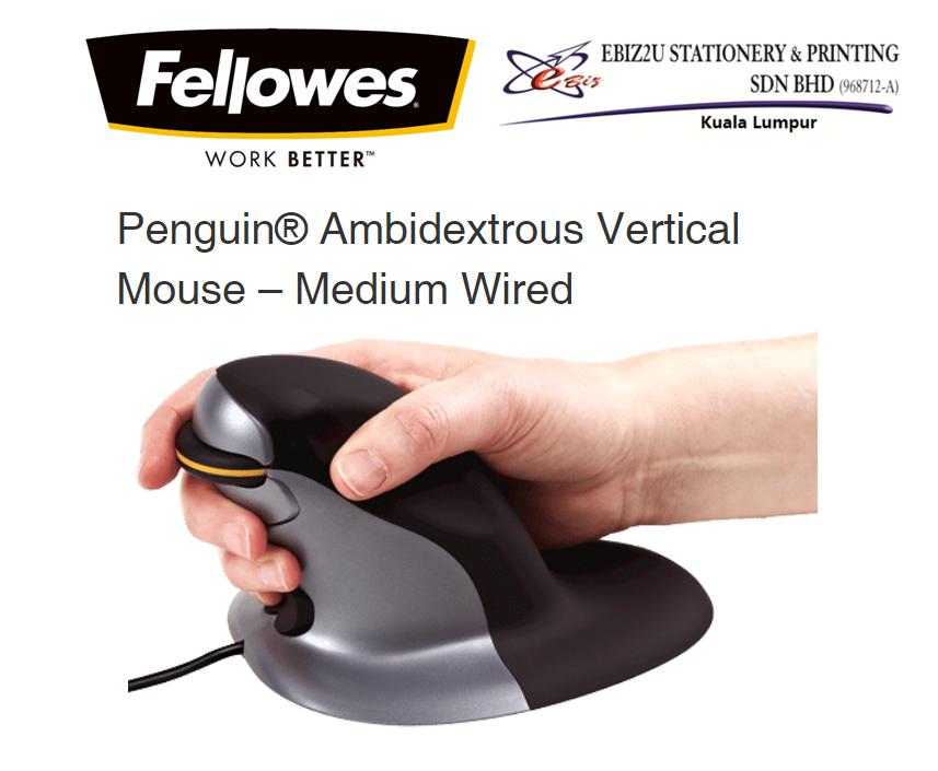 Fellowes Penguin Ambidextrous Vertical Mouse 鈥�Medium Wired ergonomic position avoid wrist strain