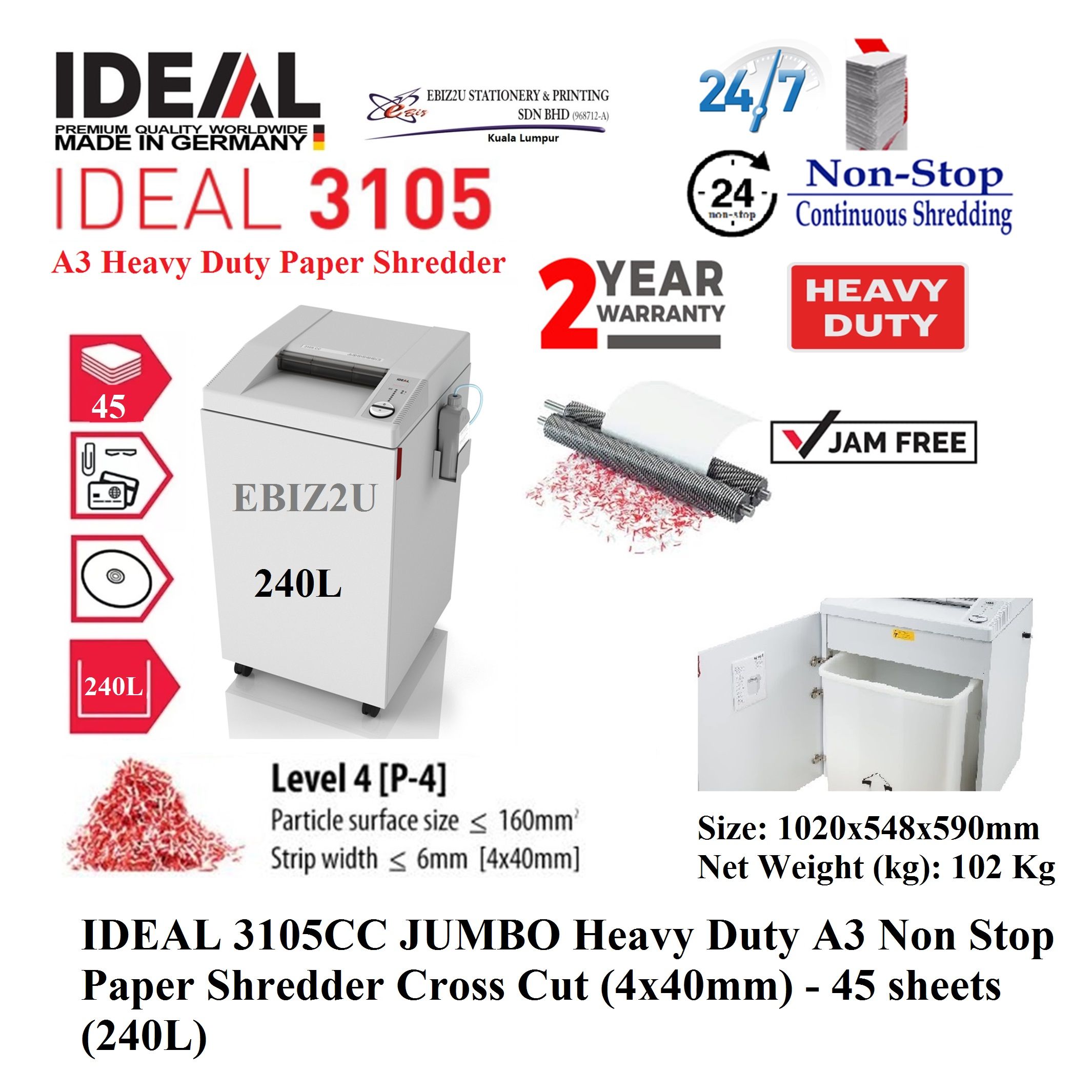 IDEAL 3105 CC JUMBO Heavy Duty A3 Non Stop Paper Shredder Cross Cut (4x40mm) - 45 sheets (240L) (Non Stop Paper Shredder, Shredder Machine, Office Shredder, Mesin Penghancur Kertas, Heavy Duty Shredder, Heavy Duty Paper Shredder)