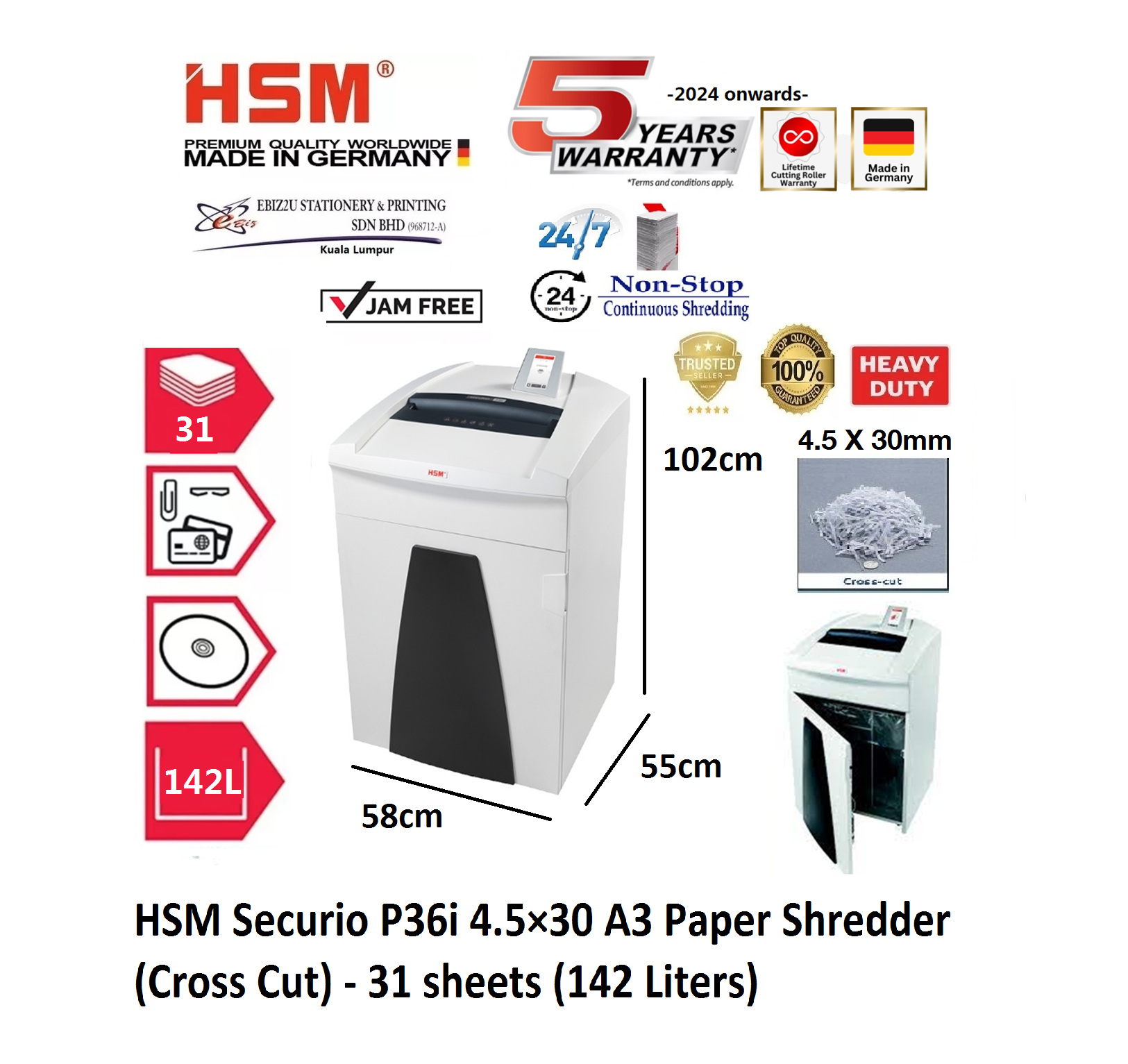 HSM Securio P36i 4.5脳30 A3 Paper Shredder (Cross Cut) - 31 sheets (142 Liters) (non stop, Cross Cut, Paper Shredder, Shredder Machine, Office Shredder, Heavy Duty Shredder, Mesin Penghancur Kertas)