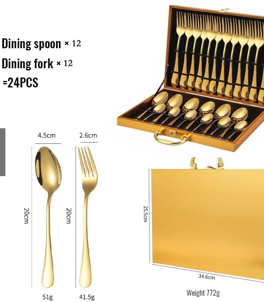 24PCS Stainless Steel Gold Cutlery Set (Spoon & Forks Only)